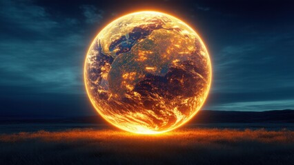 Giant pulsating sphere with shifting light waves reflects pollution levels and ecosystem restoration, symbolizing Earth's heartbeat and environmental urgency