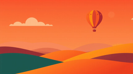 Modern flat design, warm color palette, hot air balloon over rolling hills, reds oranges yellows, simple two-dimensional shapes