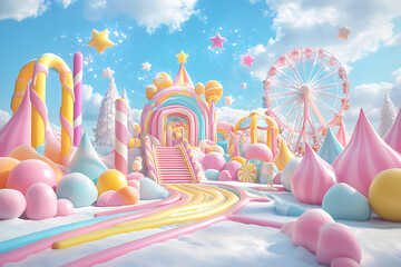 A whimsical candy-themed landscape with colorful structures and a ferris wheel.