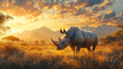 Fototapeta premium a solitary rhinoceros grazing peacefully on an open grassland, its thick skin glistening under soft golden sunlight