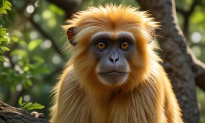 Obraz premium A of Gee s Golden langur peers out from a tree, tree creature, hairy face, nature