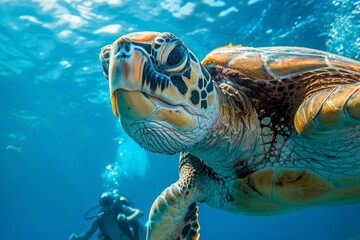 Fototapeta premium Close up wide angle of Sea Turtle and diver in clear blue water with blue background.