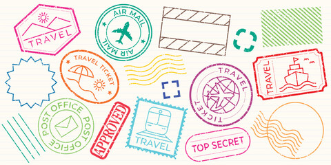 Colorful travel stamps featuring planes, ships, and trains. Travel-themed stamps in vibrant colors. Travel icons include air mail, express delivery, and tickets. Colorful travel stamps, vector set.