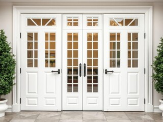 Fototapeta premium A pair of large glass doors in a crisp white finish adorned with ornate hardware, glass doors, modern entrance, contemporary style