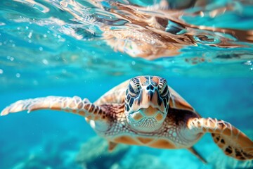 Fototapeta premium Close up wide angle of Sea Turtle and diver in clear blue water with blue background.