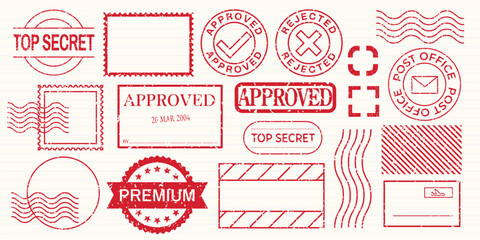 Collection of red stamps: approved, rejected, top secret, premium. Various designs include circles, rectangles, and waves. Postal and official stamp themes. Red vintage stamps, vector set.