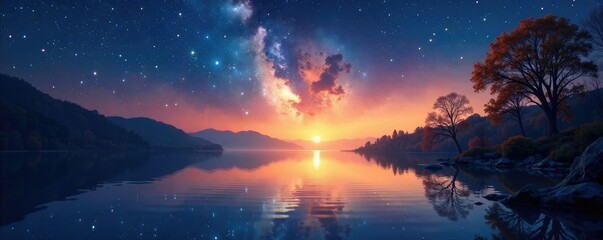 Fototapeta premium Starry sky with twinkling lights and warm sunlight on a lake, reflective, lake, serene