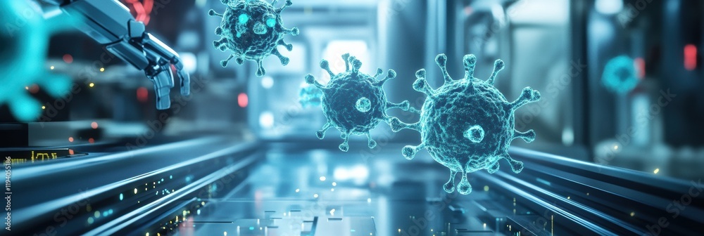 Aufkleber Robots actively neutralizing viruses in a high tech laboratory environment. Generative AI