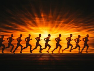 Silhouetted runners at sunset, symbolizing speed, endurance, and the pursuit of goals.