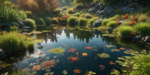 A pond with an abundance of floating plants and algae in the water, wetland scene, lakeside scene, vegetation