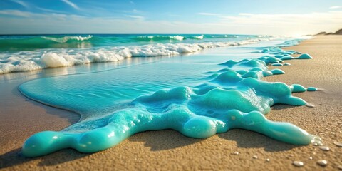 A pool of aqua slime slowly seeps onto a sandy beach, marine life, blue, water