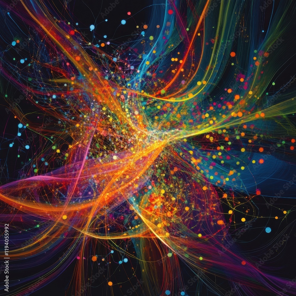 Poster Vibrant lines and dots illustrate dynamic communication and data exchange in a digital landscape. Generative AI