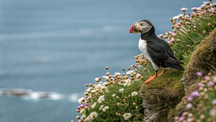 A puffin perched on top of a sea campion plant looking out over the ocean with its bright eyes, seabird, bird