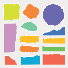 A collection of torn paper notes with various shapes like star, heart, and cloud. Torn paper with lines, grids, and polka dots. Torn paper for creative designs. Gray element vector set.