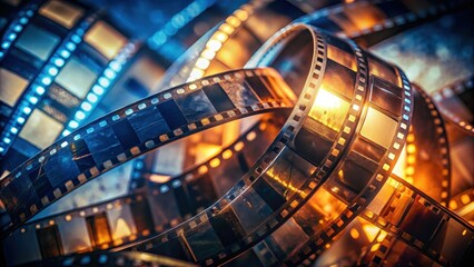 A collection of film strips intertwined, casting warm golden light, evoking the timeless magic of storytelling.