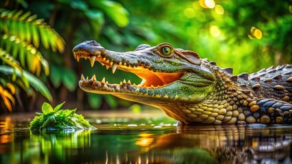 Fototapeta premium Philippine Freshwater Crocodile, Crocodylus mindorensis, Endangered Species, Wildlife Photography, Filipino Fauna, Reptile, Habitat, River, Nature, Conservation
