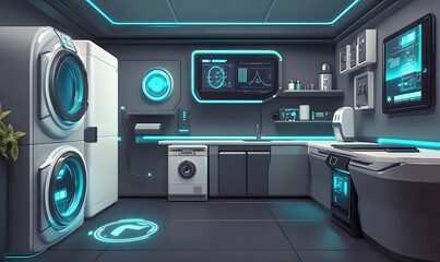Obraz premium Futuristic smart home laundry and kitchen.