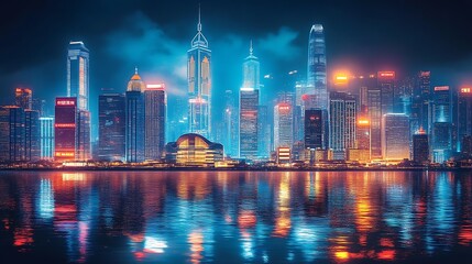 Obraz premium Vibrant City Skyline Illuminated At Night Reflecting In Water