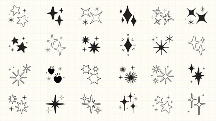Collection of black starburst icons in various shapes. Starburst designs feature different styles and sizes. Perfect for graphic design and decoration. Element vector set.