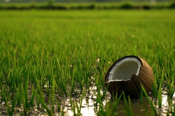 Fototapeta premium A Unique Perspective of a Coconut Shell Discarded Among Vibrant Green Rice Shoots in an Agricultural Field Under Soft Natural Lighting