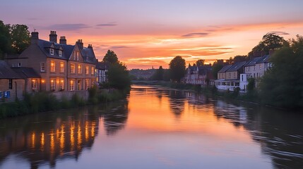 Fototapeta premium Sunset Glow Over Riverfront Houses and Calm Water