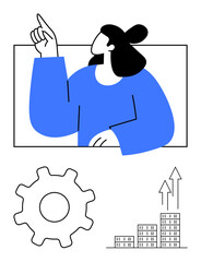 Woman pointing upward, gear representing process and technology, upward arrows with bar chart depicting growth. Ideal for business strategy, leadership, innovation, success, teamwork, planning