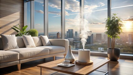 Fototapeta premium Modern Living Room with Large Windows, Couch, and a Diffuser Releasing Steam, Creating a Relaxing Ambiance