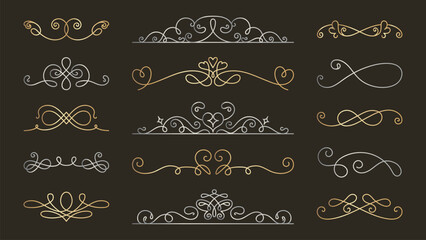Vector set. Elegant vintage dividers in gold and silver. Ornate swirls and flourishes. Perfect for invitations and design. Vintage dividers add a classic touch. Hand drawn ornament vector set.