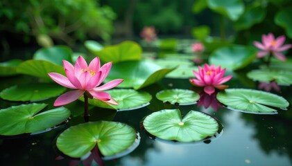 Water lily pads with pink lotus flowers and greenery in serene lake environment, blooming, vegetation, serene