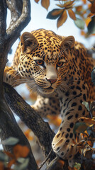 Obraz premium a dramatic view of a leopard climbing up a tree, its muscular body tensed mid-motion, the bark and surrounding branches vividly detailed under bright daylight