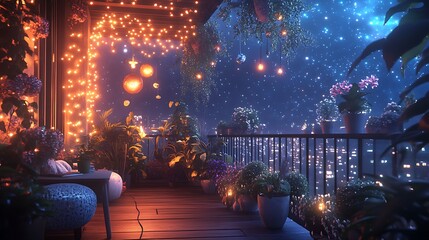 A cozy balcony garden transformed into a magical retreat with glowing fairy lights, tiny whimsical ornaments, lush plants, and a starry backdrop, dynamic lighting enhancing the ethereal vibes,