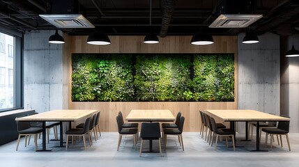 Fototapeta premium Modern office space design featuring lush vertical garden urban environment interior view
