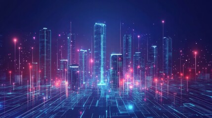 Vibrant cityscape with glowing skyscrapers and neon lights illuminating the skyline at night. Generative AI