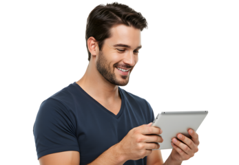 Portrait of handsome smiling man using a tablet computer.