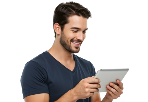 Portrait of handsome smiling man using a tablet computer.