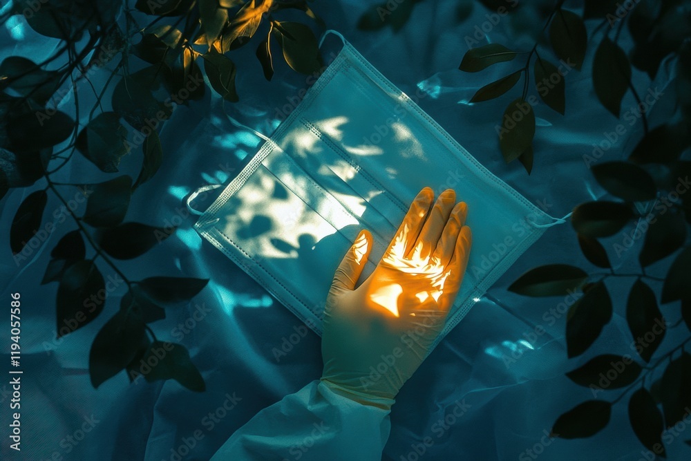 Aufkleber Gloves and mask placed on a surface with fading virus symbols in a tranquil setting during a health awareness campaign. Generative AI