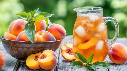 A bowl of ripe peaches and a jug of iced tea on a wooden patio table 