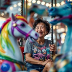 Senior Woman Smiles on Carousel: Joyful Ride