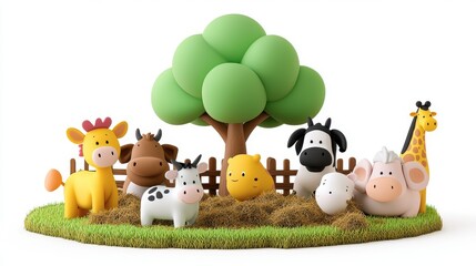 Naklejka premium Colorful Cartoon Farm Animals with Tree and Fences in Pasture