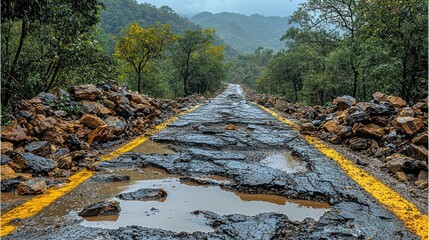 Damaged road surrounded by lush greenery and rocks.