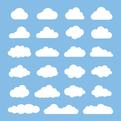 Vector illustration of 25 white cloud icons on a blue background. Clouds in various shapes. Simple cloud design. Cloud icons for weather apps. Weather illustration, vector set.