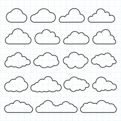 Grid paper with cloud outlines. Simple cloud designs, various cloud shapes. Minimalist cloud patterns on graph paper. Perfect for cloud-themed projects. Weather illustration, vector set.