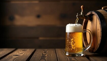 Wooden barrel with an open tap pouring stein-filled beer, glass, wooden