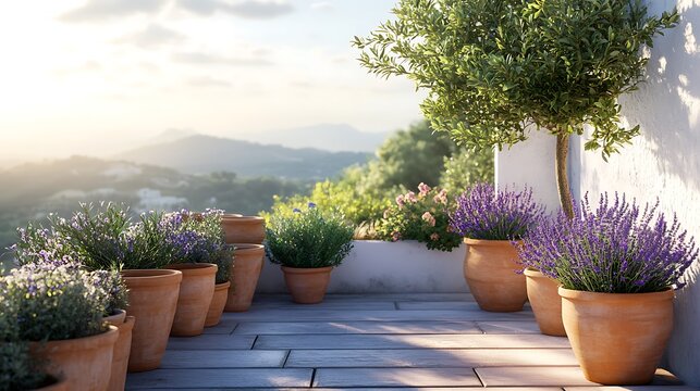 A cozy Mediterranean-inspired balcony garden with lavender in rustic terracotta pots, a small olive tree, and whitewashed walls, bathed in soft morning light, ultra-detailed, hd quality. --ar 16:9