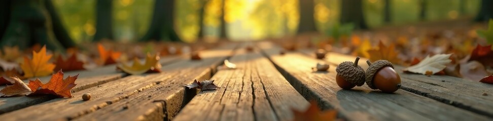 Wooden planks on a forest floor with a few acorns scattered around, nature sounds, acorns