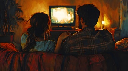 Fototapeta premium Cozy Couple Watching Movie at Home in Warm Living Room Setting