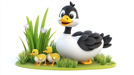 Naklejka premium Cute cartoon duck and two yellow ducklings in a grassy field