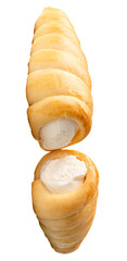 Front view of two puff pastry cream horns isolated with clipping path in png file format