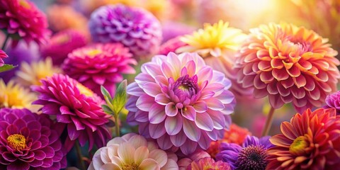Fototapeta premium A vibrant bouquet of multi-colored dahlias bathed in warm sunlight, showcasing delicate petals and a captivating interplay of hues.