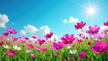 Fototapeta premium A field of cosmos flowers against a bright blue sky, meadow, flowers